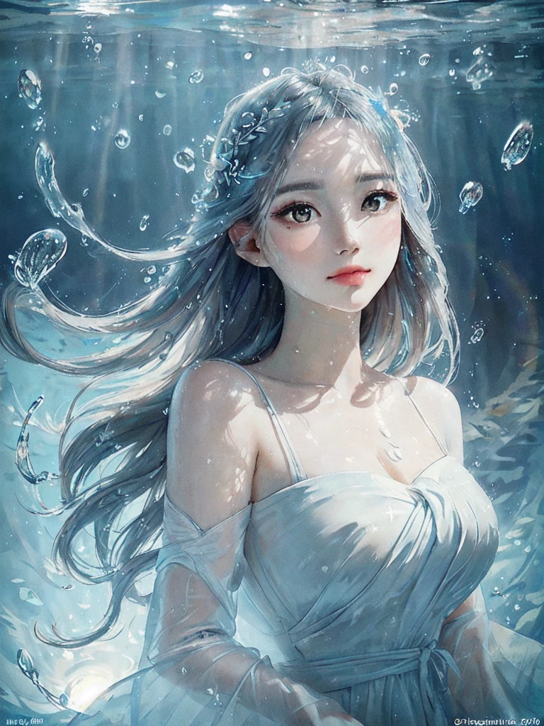 beautiful woman, masterpiece, best quality, portrait, close up, detailed face and eyes, dress, underwater hair physics, air bubbles, ((light coming through water)), solo focus, depth of field, ambient lighting, atmospheric, intricate details, soft light, artstation, ((look at the view, face up))