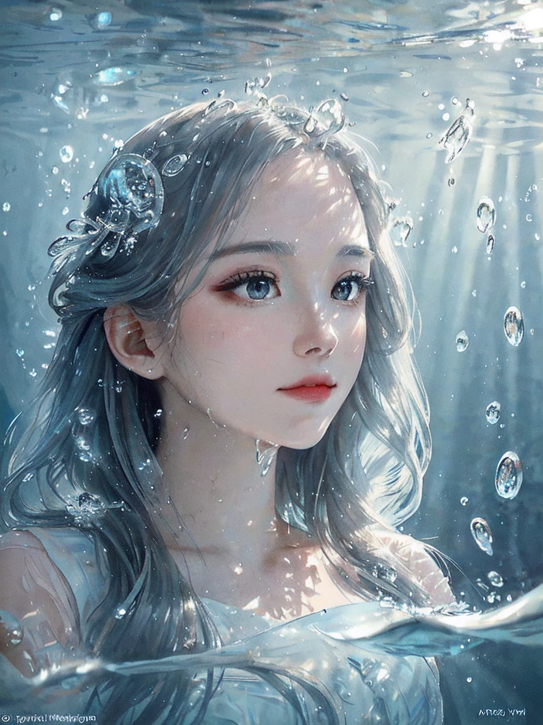 beautiful woman, masterpiece, best quality, portrait, close up, detailed face and eyes, dress, underwater hair physics, air bubbles, ((light coming through water)), solo focus, depth of field, ambient lighting, atmospheric, intricate details, soft light, artstation, ((look at the view, face up))