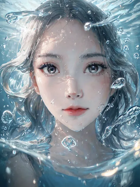 beautiful woman, リアリティー, best quality, portrait, close up, detailed face and eyes, dress, underwater hair physics, air bubbles, ...