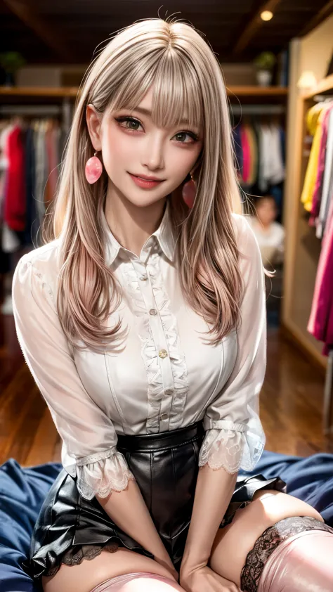 ((((very short))))、earrings、collared shirt、((((blunt bangs)))) ((short bangs))、shorn bangs、(((inside a stylish secondhand clothi...