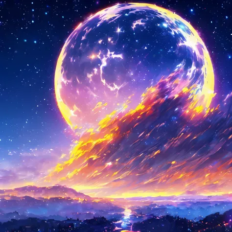 ((The pale yellow moon of a supergiant star))((A girl who looks up at her profile and is subjectively depicted))、((Crying girl))、Profile Girls、On a multicolored background、Painting of a river with stars and moon in a rainbow sky、Shining skyscrapers、Shine overall、Concept art inspired by Tosa Mitsuoki、Pixiv Contest Winners、Highest quality、Fantasy art、Beautiful anime scene、Bright Moon、Moonlight Star Environment、Dream Painting、Anime Background Art、Fantasy Landscape Painting、Fantasy Knight、Anime Background、Background artwork、Great art、Atmospheric anime、Starry Sky、details enhanced。