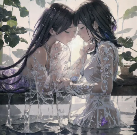 light ink drawing，two girls touching lips，a girl with purple hair：3.3，transparent purple eyes：1.4，another girl with yellow hair：...