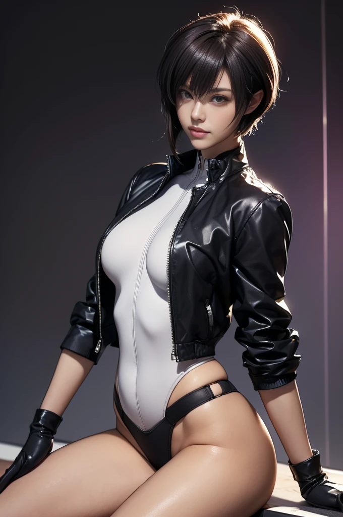 (woman),(Kusanagi Motoko:1.5),(((特殊部隊のwomanは右手で敬礼する:1.5))),(((Straighten your left hand:1.5))),((White Tactical High Leg Bodysuit:1.5)),((Black jacket:1.5)),(Black gloves:1.5),(smile:1.5),(short hair:1.5),(Purple Hair),(Beautiful Eyes:1.3),(Very detailedな顔:1.5),((Very detailedなwomanの手の描画:1.5)),((Muscular:1.5)),(Sexy Appearance:1.5),((Thick thighs:1.5)),(Beautiful body:1.5),((Very sensual:1.5)),(The background is a futuristic city:1.5),(Cyberpunk atmosphere:1.5),(((Blurred Background:1.5))),(Depth of written border:1.5),rest(((masterpiece:1.5),(Highest quality:1.5),(Very detailed:1.5),(High resolution:1.5),(practical:1.5),(practical:1.5),(Delicate depiction),(Carefully drawn))),8k,wallpaper