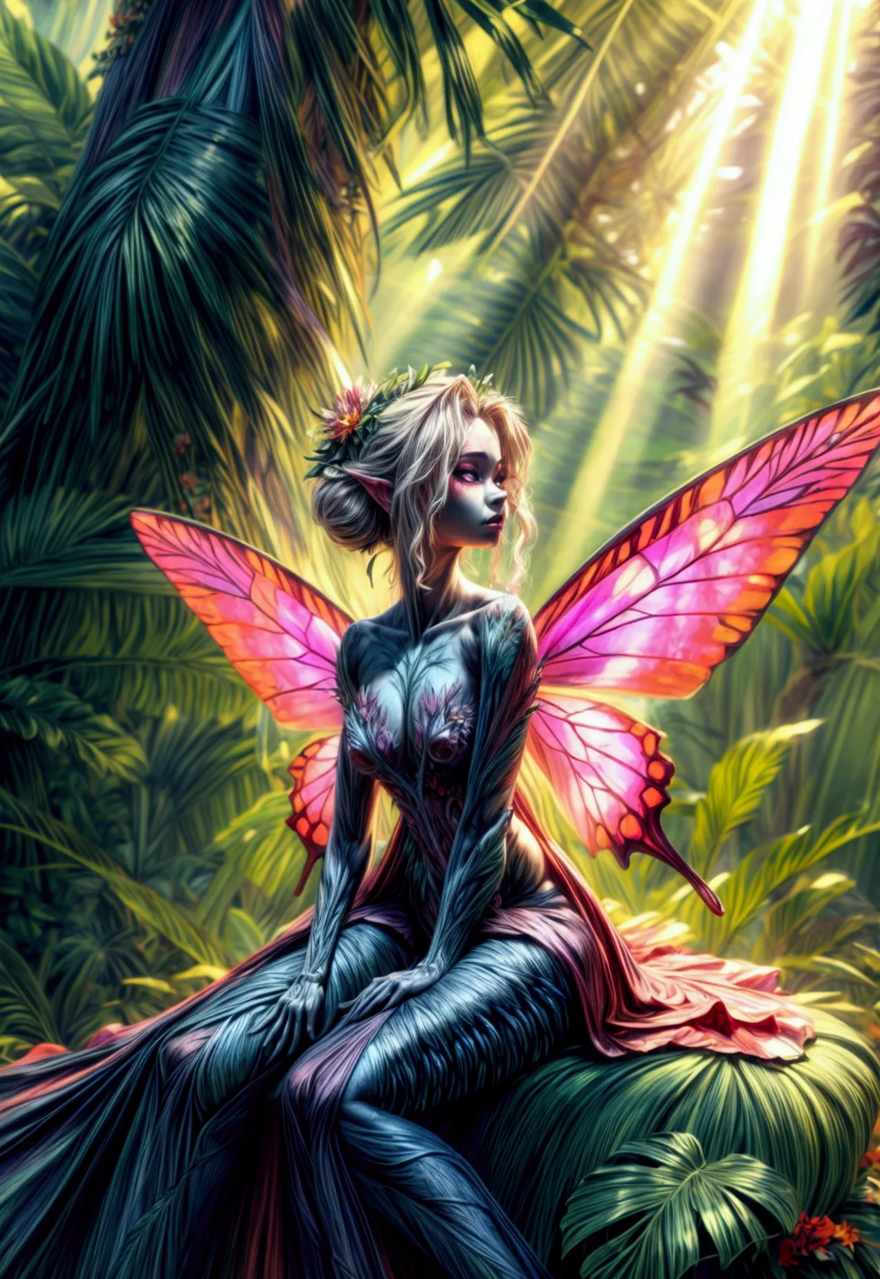 a picture of a jungle fairy, an extraordinary beautiful, elegant beauty, divine beautiful fairy, ((anatomically correct: 1.5)) s...