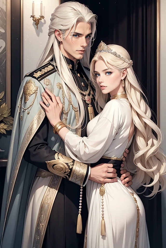 Tall, handsome, statuesque, courageous, adult man -platinum blonde, tsar, antique military uniform, armor, long straight platinum hair, blue eyes, long bangs, hugs an incredibly beautiful young femme fatale blonde, she is a princess of Venus, she is wearing a thin silk gold dress, emphasizes her ideal figure, long golden hair hair gathered in a beautiful hairstyle decorated with pearls, beautiful antique jewelry. They're in love. Realistic image.