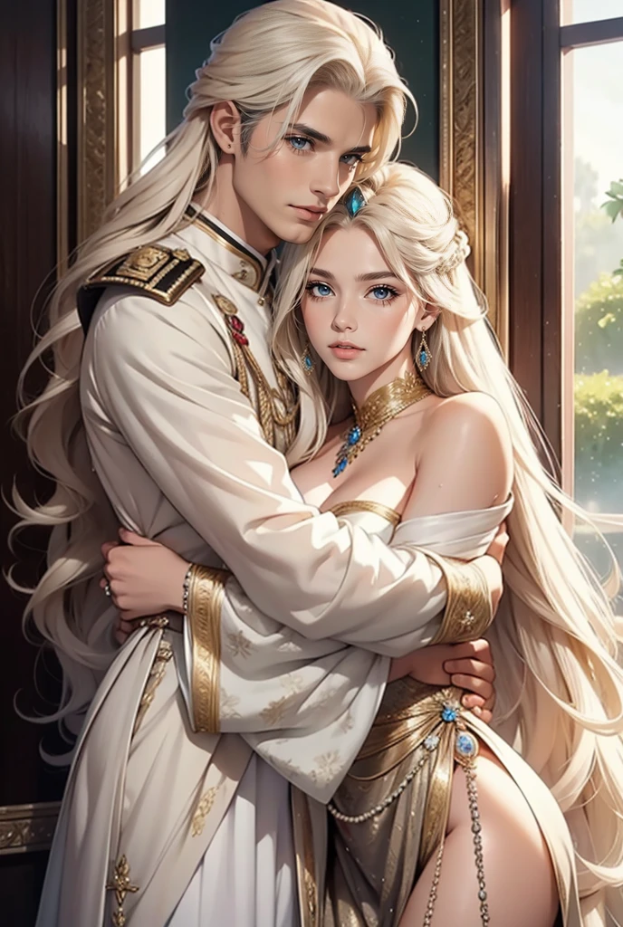 Tall, handsome, statuesque, courageous, adult man -platinum blonde, tsar, antique military uniform, armor, long straight platinum hair, blue eyes, long bangs, hugs an incredibly beautiful young femme fatale blonde, she is a princess of Venus, she is wearing a thin silk gold dress, emphasizes her ideal figure, long golden hair hair gathered in a beautiful hairstyle decorated with pearls, beautiful antique jewelry. They're in love. Realistic image.