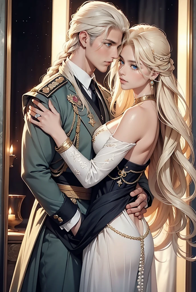 Tall, handsome, statuesque, courageous, adult man -platinum blonde, tsar, antique military uniform, armor, long straight platinum hair, blue eyes, long bangs, hugs an incredibly beautiful young femme fatale blonde, she is a princess of Venus, she is wearing a thin silk gold dress, emphasizes her ideal figure, long golden hair hair gathered in a beautiful hairstyle decorated with pearls, beautiful antique jewelry. They're in love. Realistic image.