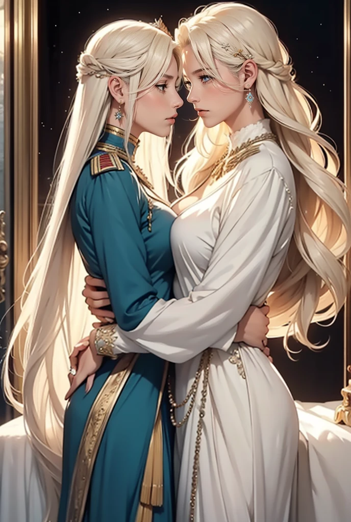 Tall, handsome, statuesque, courageous, adult man -platinum blonde, tsar, antique military uniform, armor, long straight platinum hair, blue eyes, long bangs, hugs an incredibly beautiful young femme fatale blonde, she is a princess of Venus, she is wearing a thin silk gold dress, emphasizes her ideal figure, long golden hair hair gathered in a beautiful hairstyle decorated with pearls, beautiful antique jewelry. They're in love. Realistic image.