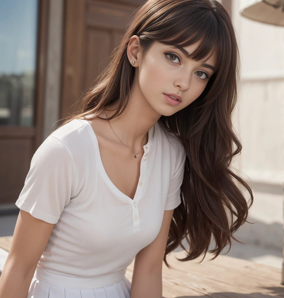 ((On a table, Best quality, A high resolution, north african free trade area, Perfect pixels, 4K, north african free trade area, north african free trade area))), 1 girl in, Single, alone, Beutiful women、full body seen、 ((mid wavy hair, through bangs, Brown hair)), ((with brown eye, Beautiful eyelashes, realistically eyes)), ((Detailed faces, The face is red:1.2)), ((Smooth texture:0.75, Realistic texture:0.65, realistically:1.1, Anime CG style)), middling, dynamic angle, perfect body figure, White tennis wear, White short sleeve stand collar shirt、White pleated skirt,looks、(Don&#39;t wear it)、、 tennis wear、During the day、Lie on the floor、Looking、Transverse chest))))、Very embarrassing panic smile、(Pink floral lace)、