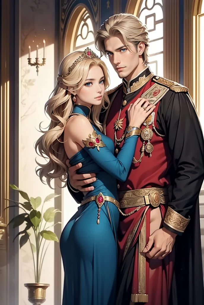 Tall, handsome, statuesque, courageous, adult man - golden-haired blond, tsar, ancient military uniform, armor, short curly golden hair, blue eyes, hugs an incredibly beautiful young femme fatale, she is the princess of Mars, she is wearing a thin silk scarlet dress, emphasizes her ideal figure, long straight black hair, gathered in a a beautiful hairstyle decorated with rubies, beautiful antique jewelry. They're in love.