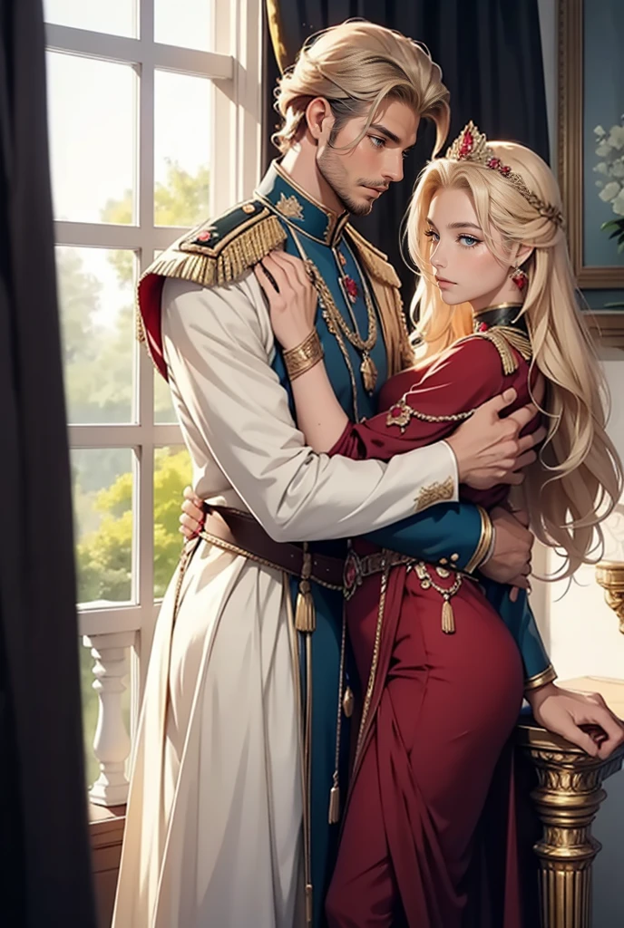 Tall, handsome, statuesque, courageous, adult man - golden-haired blond, tsar, ancient military uniform, armor, short curly golden hair, blue eyes, hugs an incredibly beautiful young femme fatale, she is the princess of Mars, she is wearing a thin silk scarlet dress, emphasizes her ideal figure, long straight black hair, gathered in a a beautiful hairstyle decorated with rubies, beautiful antique jewelry. They're in love.