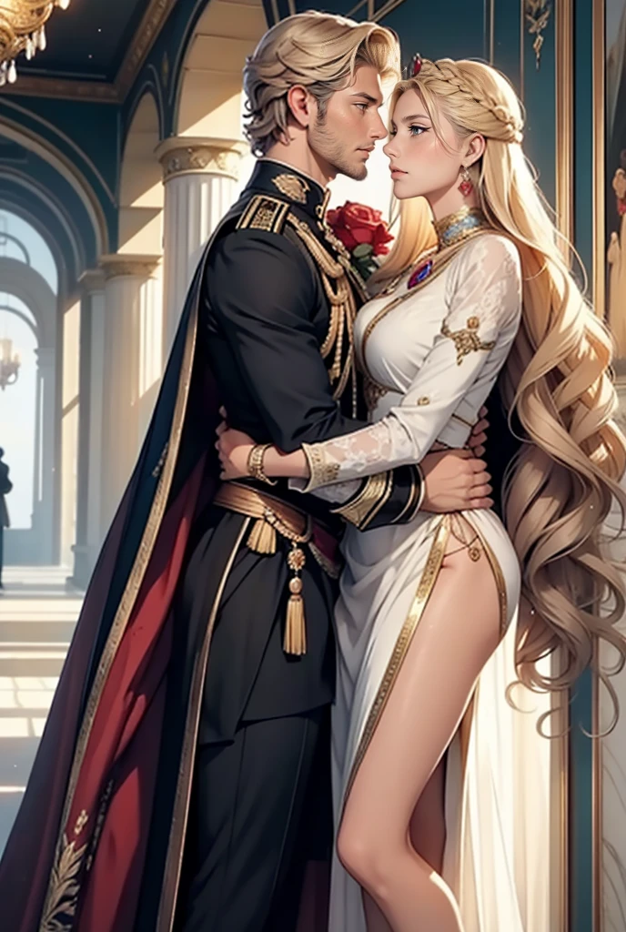 Tall, handsome, statuesque, courageous, adult man - golden-haired blond, tsar, ancient military uniform, armor, short curly golden hair, blue eyes, hugs an incredibly beautiful young femme fatale, she is the princess of Mars, she is wearing a thin silk scarlet dress, emphasizes her ideal figure, long straight black hair, gathered in a a beautiful hairstyle decorated with rubies, beautiful antique jewelry. They're in love.