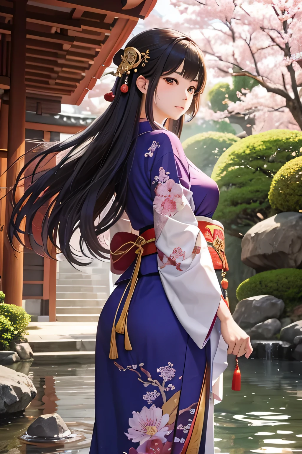 Create an image of Ono no Komachi, the legendary Japanese poet. She should be depicted with her iconic beauty and elegance. Ono no Komachi is dressed in an exquisite Heian-era kimono with flowing layers of rich silk in shades of deep red, purple, and gold, adorned with intricate floral patterns. Her hair is styled in a traditional Heian manner, long and straight, cascading down her back. She has a serene and contemplative expression, reflecting her poetic brilliance. The background should feature elements of classical Japan, such as a tranquil Japanese garden with cherry blossoms or a serene pond, or a traditional wooden pavilion, providing a sense of cultural and historical authenticity.
