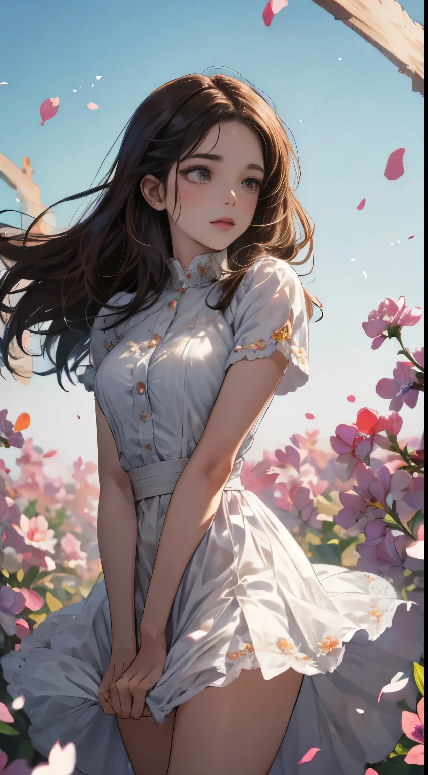 1 Woman,Brown hair,Red ribbon ,((impatient look)),Beautiful breasts,White shirt,Red Dress,Good style,,(Facing forward)(((Rosy cheeks、Embarrassed expression)),(((The skirt was swept up by the wind)))