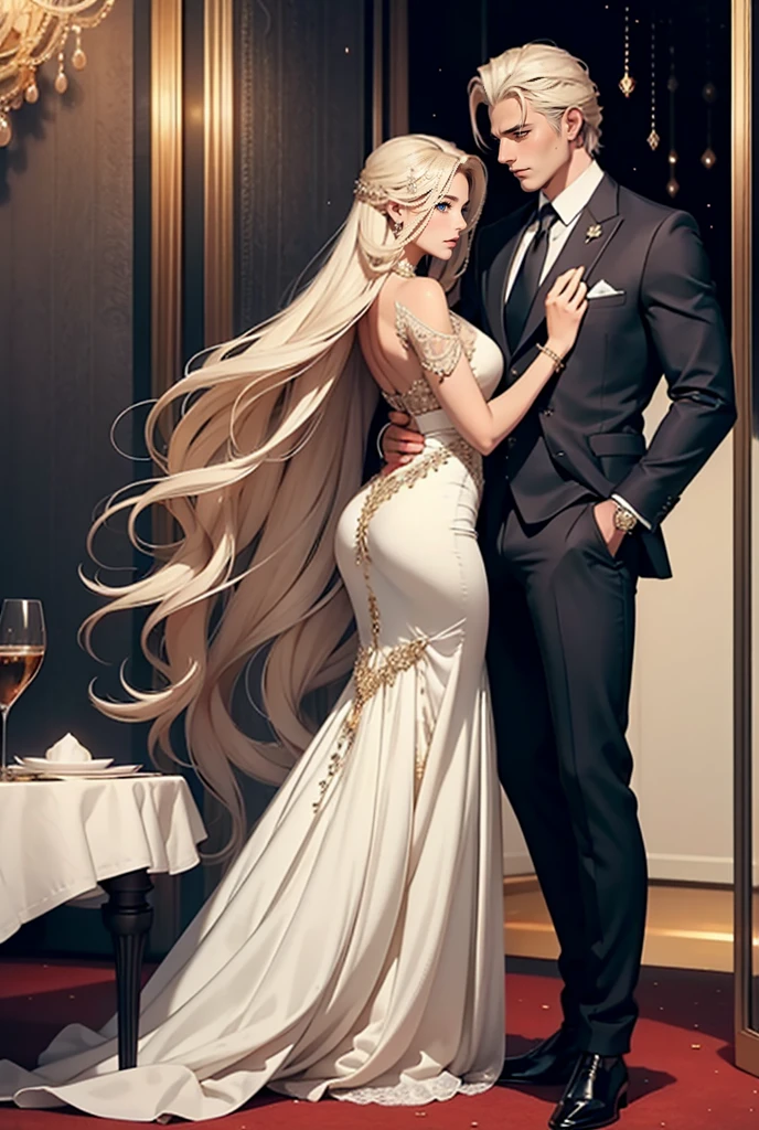 Tall, handsome, statuesque, masculine, adult man - golden-haired blonde, dressed in an expensive branded business suit, long straight platinum hair, blue eyes, long bangs, he hugs an incredibly beautiful young femme fatale blonde, she is wearing a luxurious thin silk scarlet dress that emphasizes her perfect figure, long golden hair, gathered in a beautiful hairstyle decorated with pearls, beautiful lace jewelry, high-heeled shoes, a clutch bag. They are in love with each other. Full-length image. An expensive restaurant. A romantic setting.