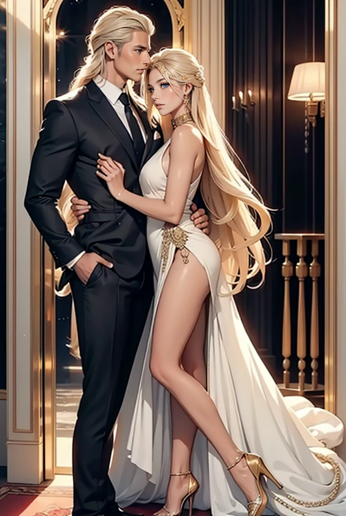 Tall, handsome, statuesque, courageous, adult man - golden-haired blonde, dressed in an expensive branded business suit, long straight platinum hair, blue eyes, long bangs, he hugs an incredibly beautiful young femme fatale blonde, she is dressed in a luxurious thin silk scarlet dress, with open shoulders, thin berets with rhinestones, the dress highlights her perfect figure, long golden hair gathered in a beautiful hairstyle decorated with pearls, beautiful branded jewelry, high-heeled shoes, a clutch bag. They are in love with each other. Full-length image. An expensive restaurant. A romantic setting.