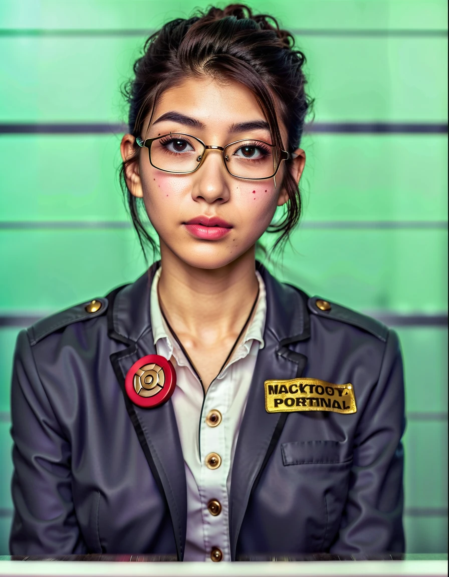 there is a woman with glasses and a badge on her lap, artwork in the style of guweiz, hyperrealistic , makoto shinkai ( apex legends ), a hyperrealistic , wojtek fus, makoto shinka, portrait of mei from overwatch, yayoi kasuma, realistic , high quality portrait, character portrait closeup, (highly detailed face:1.4) (smile:0.7) (background inside dark, moody, private study:1.3) POV, by lee jeffries, nikon d850, film stock photograph ,4 kodak portra 400 ,camera f1.6 lens ,rich colors ,hyper realistic ,lifelike texture, dramatic lighting , cinestill 800