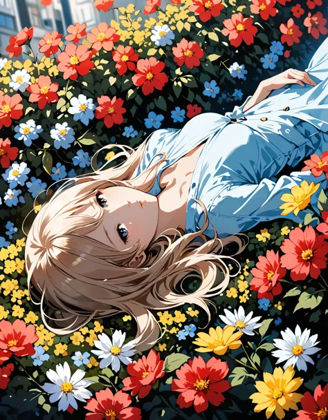 (in style of Ashley Wood),
1girl,Long hair，(Lying on a bush of flowers:1.5)，Street Fashion，Delicate girl&#39;s facial makeup，(((Bright natural side light，Bright tones)))，(golden hour:1.8)，Detail eyes，Detail iris，Keep your eyes open，Crystal clear watery eyes，、
BREAK
flower background,(flower foreground:1.6),( background blurred:1.7),from_Side,figure-centered composition,look up,mid_shot,looking at viewer,(blurry foreground:1.8),red to azul diffraction gradient color grading，