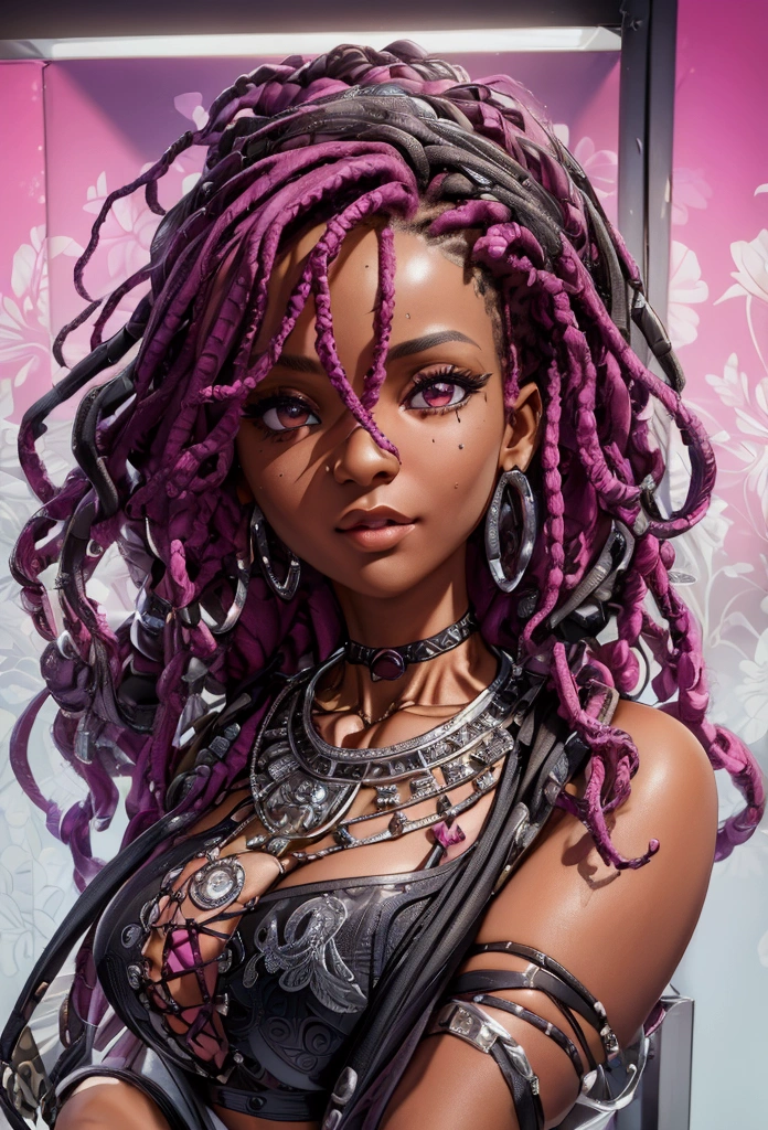 (masterpiece:1.2), (best quality), (ultra detailed), (8k, 4k, intricate),(full-body-shot:1), (highly detailed:1.2),(detailed face:1.2), (detailed background),there is a young woman with black and magenta dreadlocks and piercings posing for a picture, with curly magenta hair, big breasts, sexy black crop top and silver necklace with a diamond on it 