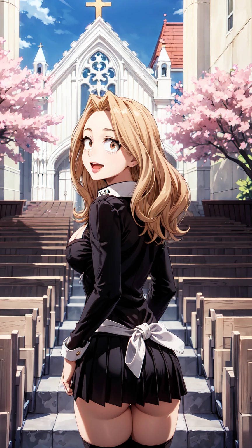 Masterpiece ,best quality , high resolution , (1 girl solo:1.38) , (camie, long hair, brown hair, brown eyes , lipstick , eyeliner) , (cleavage:1.2) , (medium breast:1.28) , (wearㄔㄩㄝˉ bow , knot , stockings , panties , strong wind , big wing , skirt lift ) , (cleavage:1.15) , (big breast:1.1) , (face view , look at view , head back , from behind , back view ) , (tilted head , smiling , open mouth) , (outdoor , church , tree , flower , sky)