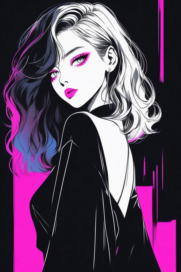 (Highest quality, sketch:1.2),Realistic,Illustrator,anime,1 girl, Detailed lips, Black Dress,custom, (Background dark monochrome),Neon Hair,Texture Cropping, masterpiece, Style: Retro Classic, white, art, sketch book, (Bob Hair Black:1.75 Neon:1.32), Mysterious Woman , Pastel monochrome background