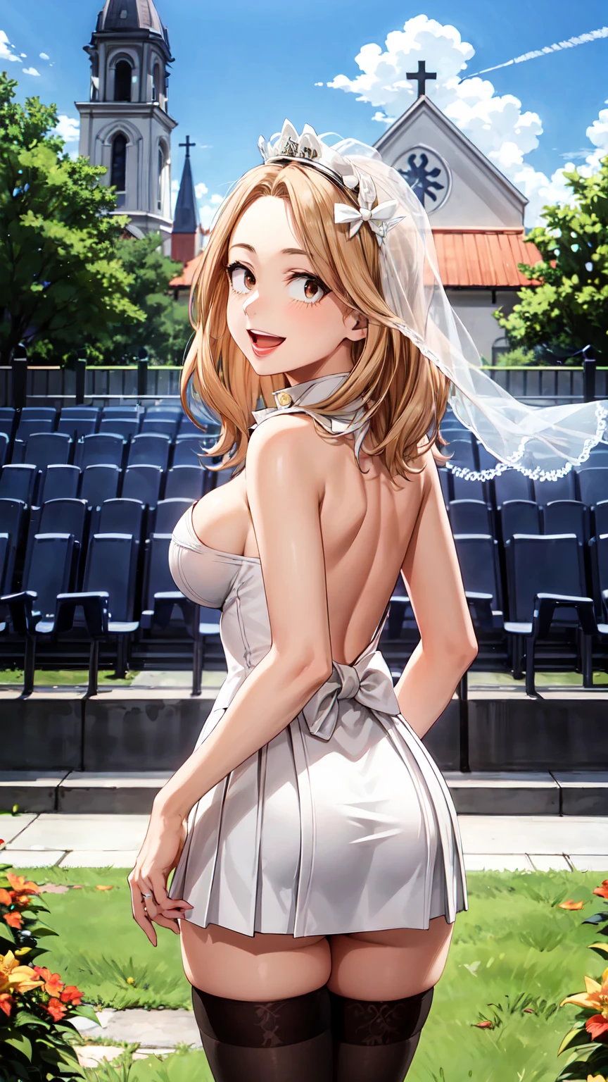 Masterpiece ,best quality , high resolution , (1 girl solo:1.38) , (camie, long hair, brown hair, brown eyes , lipstick , eyeliner) , (cleavage:1.2) , (medium breast:1.28) , (wear wedding veil , white miniskirt , stockings ,  bow , knot , stockings , panties , strong wind , big wing , skirt lift ) , (cleavage:1.15) , (big breast:1.1) , (face view , look at view , head back , from behind , back view ) , (tilted head , smiling , open mouth) , (outdoor , church , tree , flower , sky)