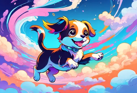 Swirl art puppy cartoon character, Marker Outline, cute, Anime Style, Dynamic pose with arms and legs stretched out, whimsical e...