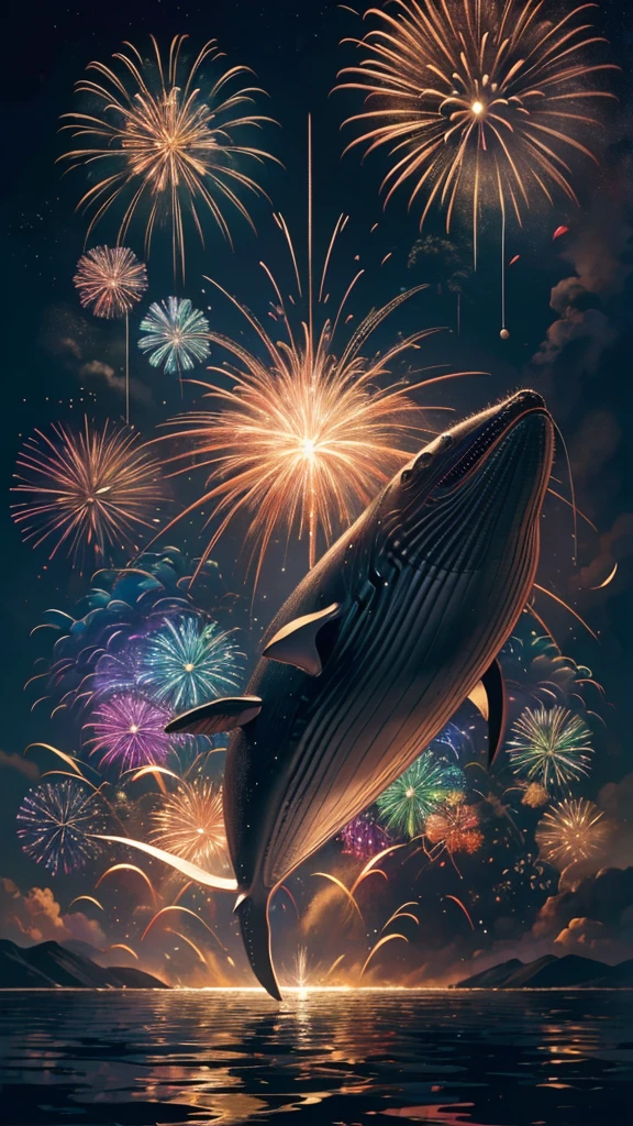 Whales、fish、whale、Whales、whaleたちに囲まれて、Mysterious Landscape、firework、firework大会、Rainbow colorsのfireworkが打ちあがっている瞬間、夜nullとともに、幻想的な海景色で壮大なfirework、future都市、Highest quality、masterpiece, (Diffuse reflection of light:1.2), When the fantastic rainbow turns into shadow, bathed in a mystical atmosphere.whaleたちも見ています, Cast magic spells. evoke a sense of wonder and awe. A fusion of natural grandeur and magic, Weaving dreams into reality. Behold, null, And the unknown, Fleeting、And an eternal moment, 16K, Ultra-high resolution.Realistic, Ultra-high resolution, to be born,future、Rainbow colorsに光り輝く、Rainbow colors、The world 30 years from now。