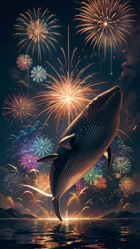 whales、fish、whale、whales、whaleたちに囲まれて、mysterious landscape、firework、firework大会、rainbow colorsのfireworkが打ちあがっている瞬間、夜nullとともに、幻想的な...