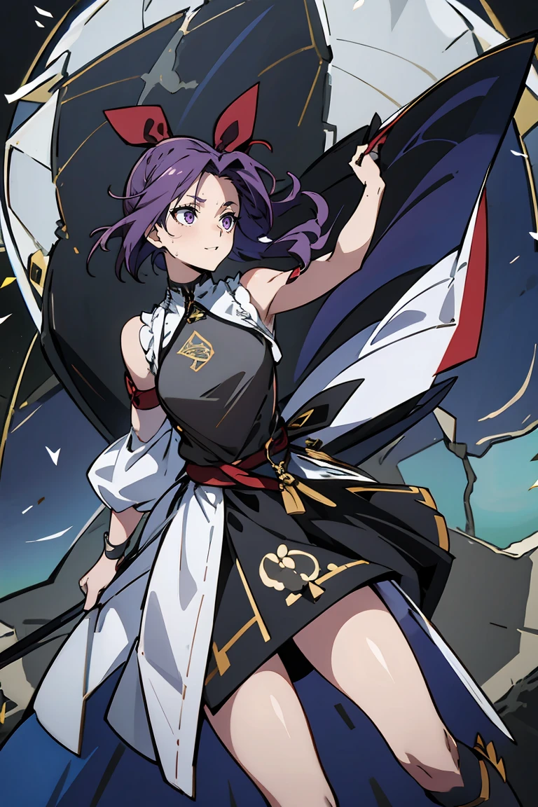 (masterpiece:1.2), (high quality:1.2), reo mikage, blue lock, girls with((1girl, solo, purple hair, (medium hair, right swept bangsone side up, hair ribbon, hair bow:1.55), bare shoulder, blush, breasts, choker, cleavage, cowboy shot, collar, collarbone, rosary, rosary choker, cross, white clothes, blouse, sleeveless, neck ribbon, big ribbon, cheongsam, cinderella dress, long dress, frill pannier, leggings, boots, sandals, bare feet)), background with((continent, earth, horizon:2.0))