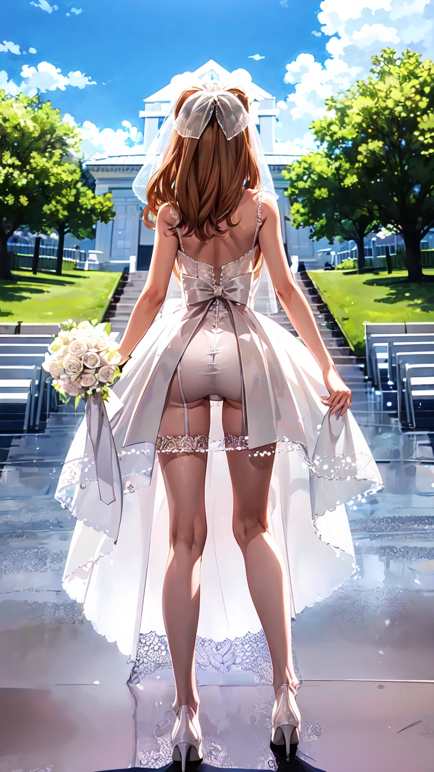 Masterpiece ,best quality , high resolution , (1 girl solo:1.38) , (camie, long hair, brown hair, brown eyes , lipstick , eyeliner) , (cleavage:1.2) , (medium breast:1.28) , (wear wedding veil , white miniskirt , stockings , bow , knot , stockings , panties , strong wind , big wing , skirt lift ) , (cleavage:1.15) , (big breast:1.1) , (face view , look at view , head back , from behind , back view ) , (tilted head , smiling , open mouth) , (outdoor , church , tree , flower , sky)