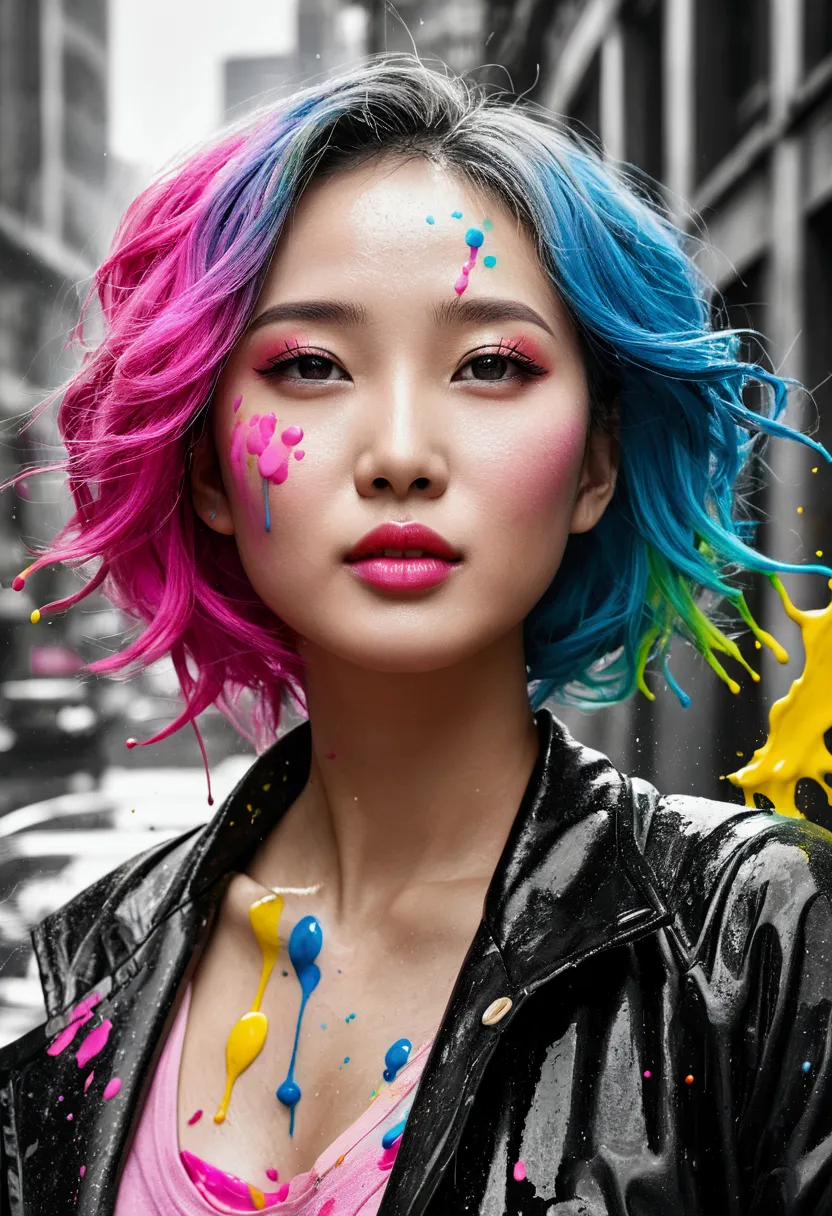 (masterpiece, Highest quality, High resolution), Downtown Shanghai背景, ((Paint splashes, Color Splash, Ink splash, Color Splash)), Kind Chinese girl, Rainbow Hair, Pink Lips, front,Downtown Shanghai、Digital City、Futuristic upper body、rain