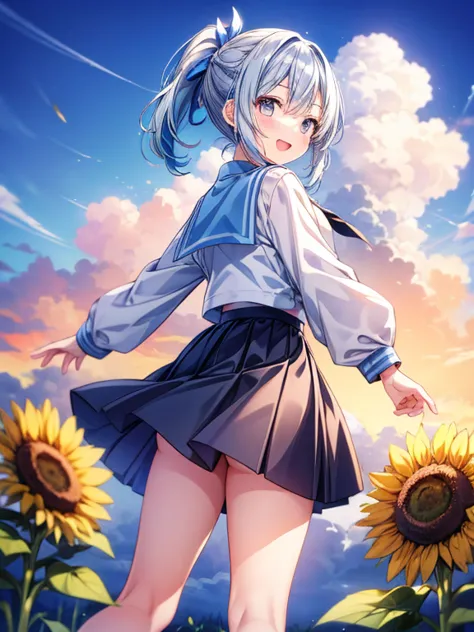 a cumulonimbus cloud towering high into the sky、sunflower field、girl with long blue hair、ponytail、short-sleeved sailor suit、navy...