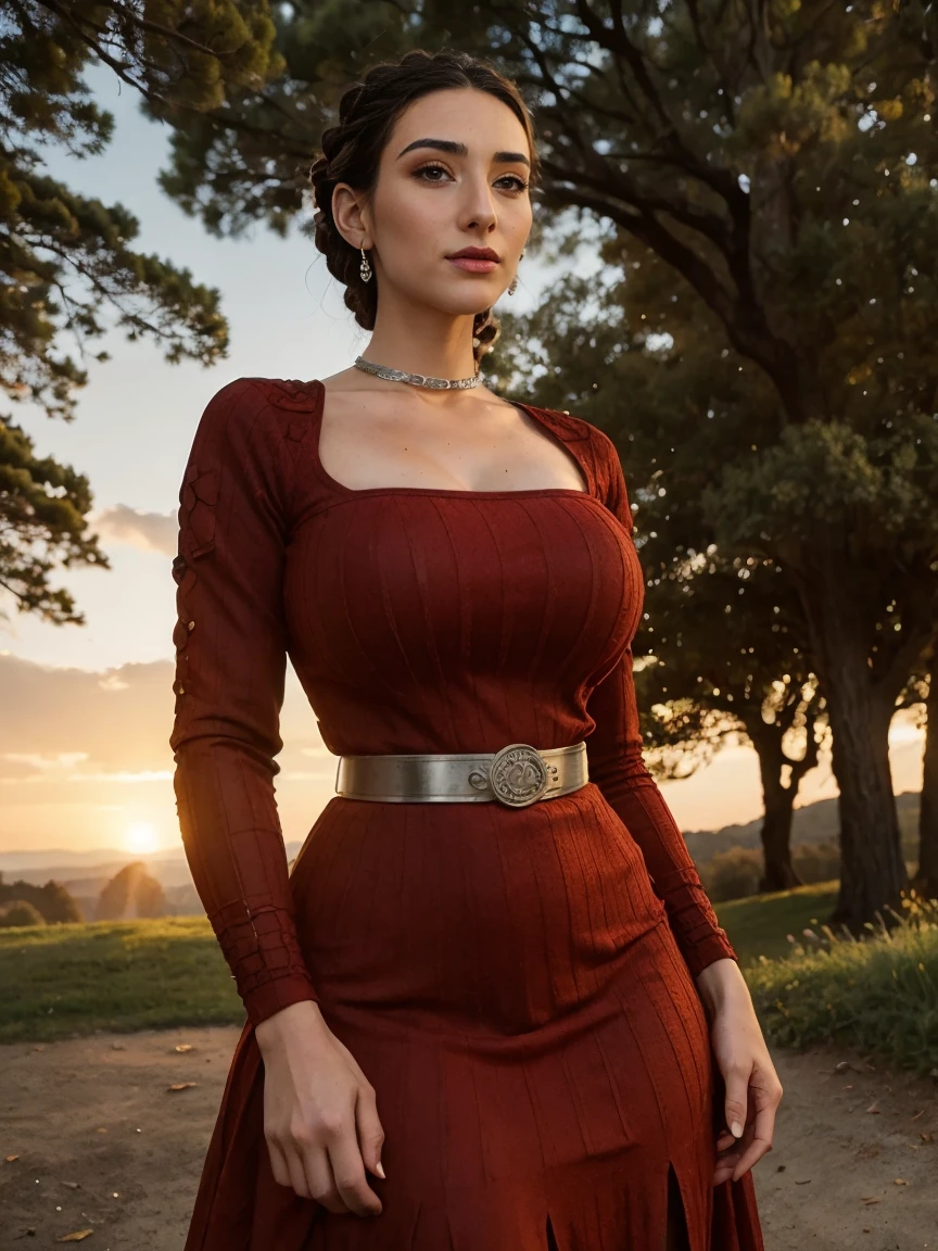 Gorgeous and sultry busty athletic (thin, slim, petite) brunette queen with sharp facial features wearing a dark red medieval dress, long sleeves, intricate patterns, scrollwork, wide neck, long dress, modest dress, tight bodice, silver belt, (waist chain), medieval jewelry, Middle Ages, castle, rampart, wall, exterior, on top of a castle wall, trees, countryside, evening, sunset. large breasts. (Crown braid, updo)