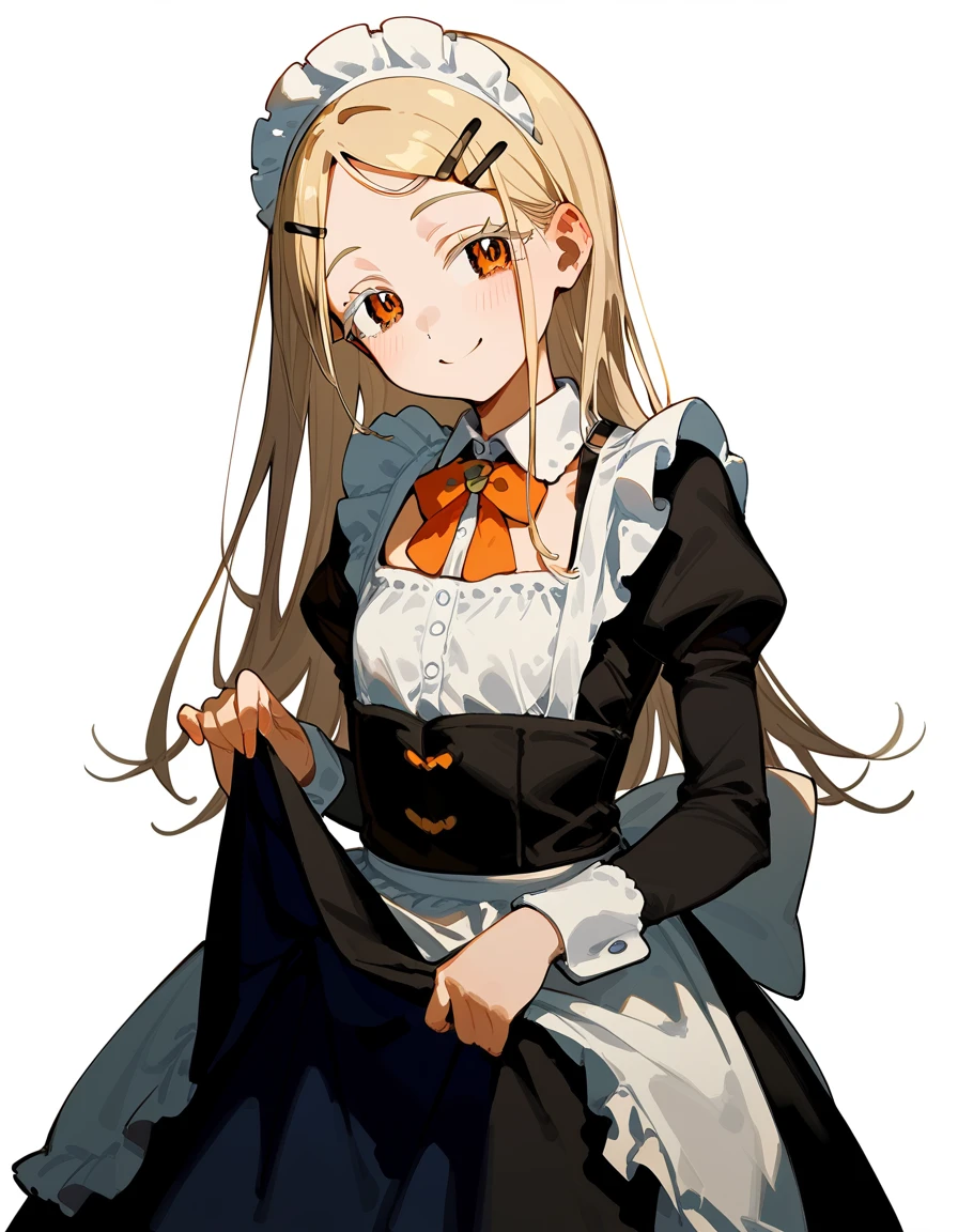 Highest quality, masterpiece, No correction, Beark 1 dhibi girl,shinosawa hiro,thin,Orange eyes,White eyelashes,Blonde,Long Hair,Hair Clip,cros hair clip,flat chest,white background,maid uniform,mini skkirt,lift skirt,smile,