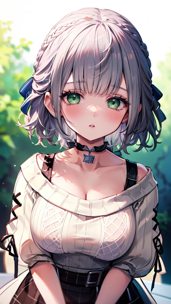 (best quality:1.2), (ultra detailed:1.2),(masterpiece:1.2),(8k:1.2),(ccnoel, short hair, french braid, hair ribbon, green eyes, black choker, collarbone, cleavage, off-shoulder sweater, white sweater, plaid skirt),(Blessed,Captivating body、Ultra-detailed skin、Very beautiful eyes、Detailed Background),One Girl、