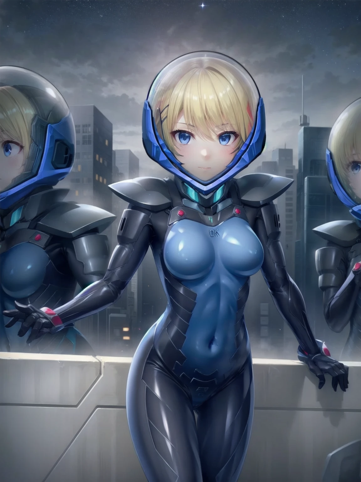 short hair, street, emo, BLACK hair, white eyes, eyeliner, apocalypse, girl, running, road, city, short hair, outdoors, cinematic light, medium breasts, covered navel, space helmet, muvluv, space helm, plug suit 02,Shikinami Asuka Langley, Evangelion, short hair,(Masterpiece: 1.4, highest quality), (intricate details), Unity8k wallpaper, super detailed, beautiful and mysterious, detailed background, realistic, solo, perfect detail face, detailed blue eyes, very detailed, blush, hair ornament, chignon mahogany hair, (blonde hair,, space helmet, eva helm, space suit, short hair