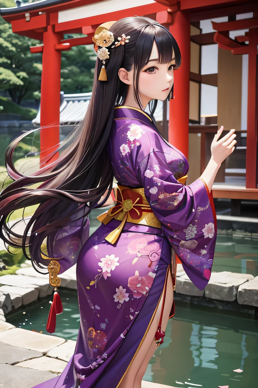 Create an image of Ono no Komachi, the legendary Japanese poet. She should be depicted with her iconic beauty and elegance. Ono no Komachi is dressed in an exquisite Heian-era kimono with flowing layers of rich silk in shades of deep red, purple, and gold, adorned with intricate floral patterns. Her hair is styled in a traditional Heian manner, long and straight, cascading down her back. She has a serene and contemplative expression, reflecting her poetic brilliance. The background should feature elements of classical Japan, such as a tranquil Japanese garden with cherry blossoms or a serene pond, or a traditional wooden pavilion, providing a sense of cultural and historical authenticity.