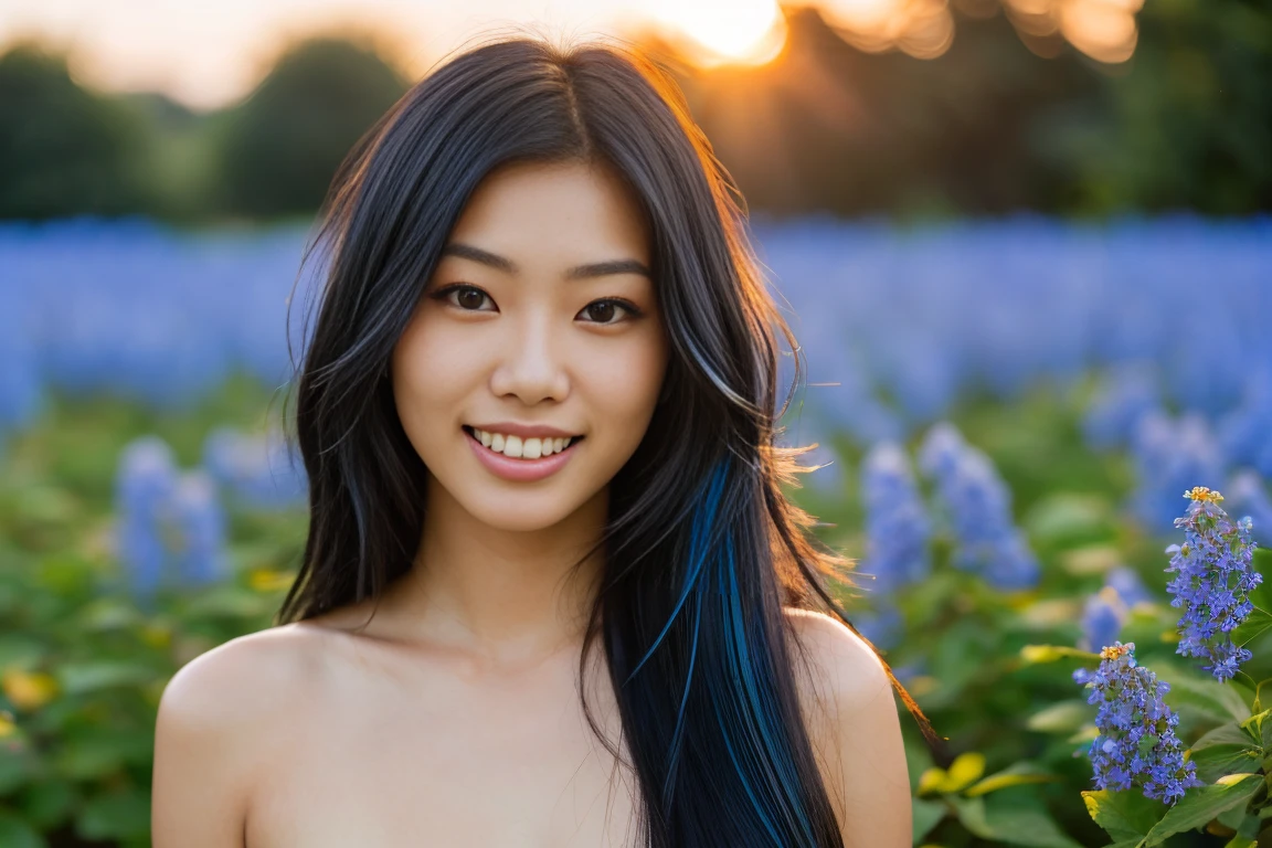 arafed naked woman with long black hair with deep blue highlights in a field of blue flowers, flowing black hair, with black hair, photo of a beautiful woman, long flowing black hair, black golden hair, curly black hair, beautiful young asian woman, beautiful asian woman, wild ginger hair, black wispy hair, light black hair, a young asian woman, an asian woman, infp young woman, Portrait photo of a 24-year-old french girl in RAW UHD format (Brown-eyed woman), Details (textures! , Hair! , glistering, Color!! , imperfections: 1.1), DSLR Lighting, SLR camera, Ultra-Quality, sharpness, Film grain,  Fujifilm XT3, Crystal clear, Frame Center, beatiful face, ((sharp-focus)), bokeh (sun light), detailed skin pores, oilly skin, suntan, Complex eye details,  ((smiling)), nsfw, (((long camera distance))), (((full body image)))