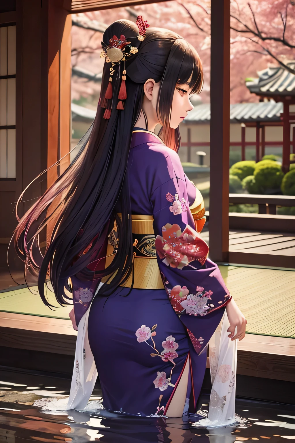 Erstellen Sie ein Bild von Ono no Komachi, der legendäre japanische Dichter. Sie sollte mit ihrer ikonischen Schönheit und Eleganz dargestellt werden. Ono no Komachi trägt einen exquisiten Kimono aus der Heian-Ära mit fließenden Lagen reicher Seide in tiefen Rottönen, lila, und Gold, mit aufwendigen Blumenmustern verziert. Ihr Haar ist im traditionellen Heian-Stil gestylt., Lang und gerade, strömt ihr über den Rücken. Sie hat einen heiteren und nachdenklichen Ausdruck, spiegelt ihre poetische Brillanz wider. Der Hintergrund sollte Elemente des klassischen Japan aufweisen, wie ein ruhiger japanischer Garten mit Kirschblüten oder ein ruhiger Teich, oder ein traditioneller Holzpavillon, ein Gefühl kultureller und historischer Authentizität vermitteln.