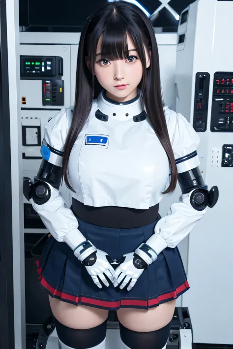 masterpiece, best quality, extremely detailed, Japanese android girl,Plump ,control panels,Mechanical Hand,Robot arms and legs, robot assembly plant,white robot body,blunt bangs,skirt,black knee high socks,blue  eyes