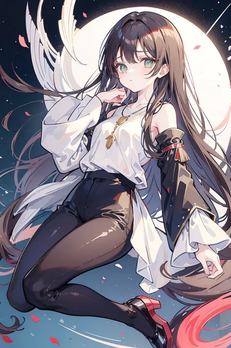 {{masterpiece}}, the best quality of life, 、dark brown long hair、anime girls with brown long hair and white blouse and black pan...