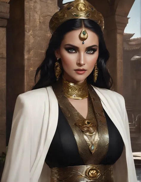 elegant snake priestess, serpentine features, mesmerizing golden eyes with slit pupils, delicate yet stern facial features, hidd...