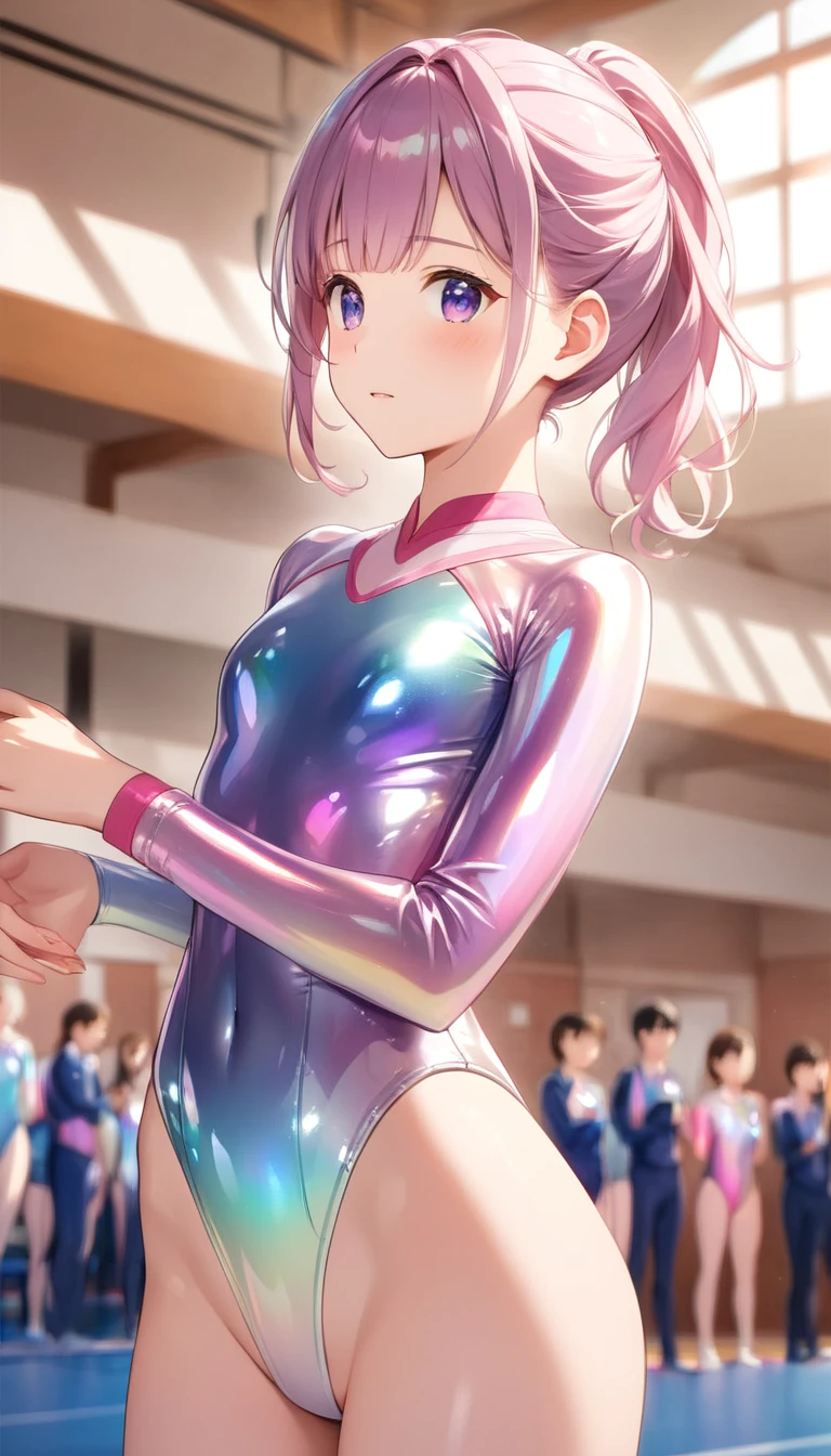 highquality illustration, masterpiece, very delicate and beautiful, attractive girl,((gymnastics leotard,tight-fit
 leotard,long sleeve leotard,long_sleeve leotard,high_leg leotard,athletic leotard,floral patterns leotard,iridescent gradient leotard)), audience reactions,thin,slender body,slim,high school,gymnasium,gymnastics club,beautiful eyes,(masterpiece, best quality:1.2), highres, extremely detailed CG unity 8k wallpaper, perfect lighting, Colourful, ultra-high res,4K,ultra-detailed, photography, 8K, HDR,  s,cowboy shot,