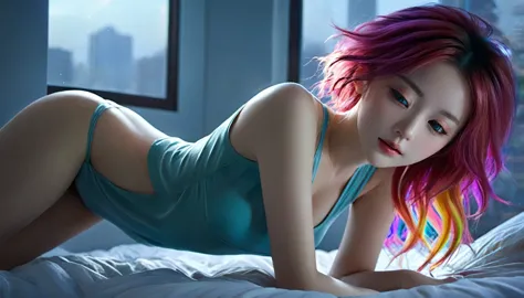 (best quality,8ก,very detailed:1.2),(cg,cg art,3d rendering),(masterpiece:1.2),（crawling on the table），（sexy clotheovie light,of...