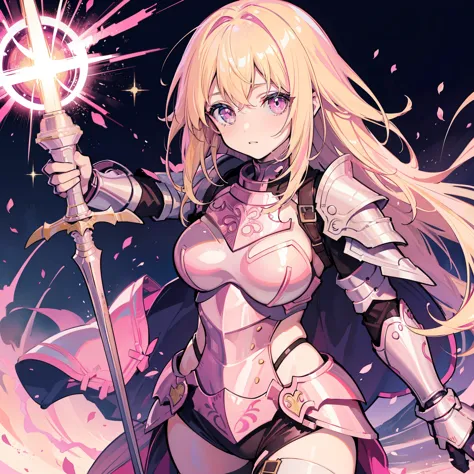 Young woman, hero, knight, blonde, Pink armor, Pink Armor, pink sword
