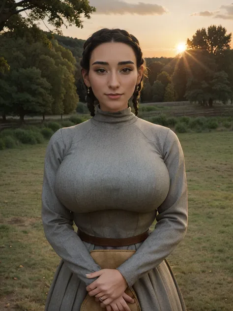 gorgeous and sultry busty athletic (thin) brunette peasant with sharp facial features wearing a modest updo, medieval hair cover...