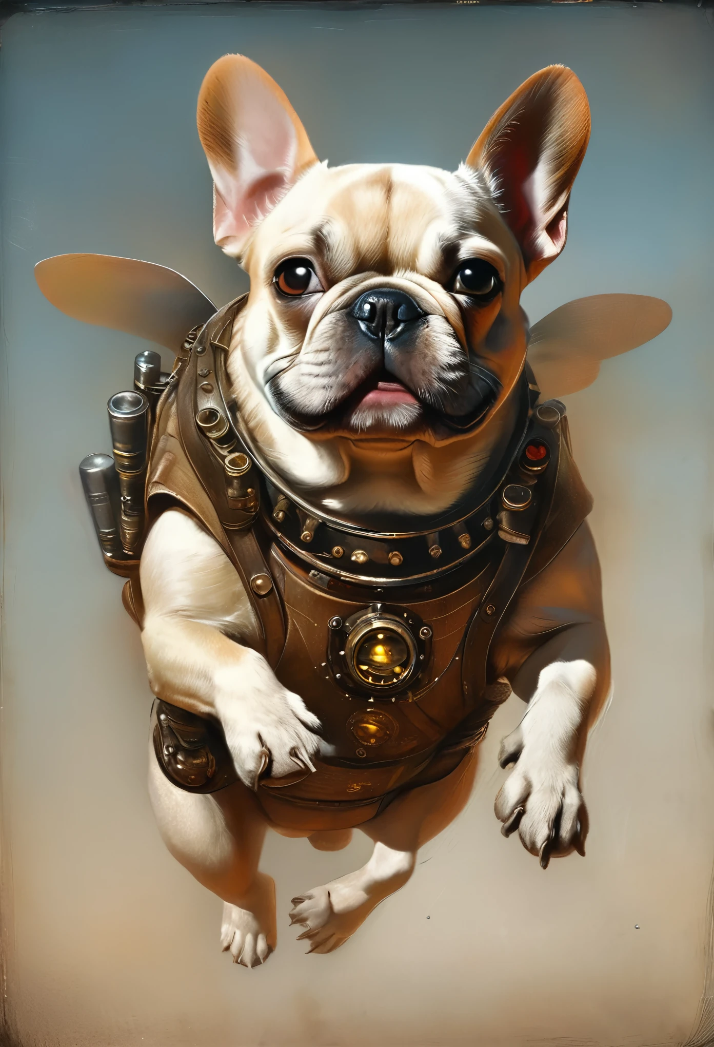 Daguerreotypie, (3/4 Ansicht), Action-Aufnahme, süße französische Bulldogge, flying in Der skies over 1920's Paris, weißer Cremefarbener Pelz, keine Markierungen, Tragen medieval armor, Der (Fleur De Lis) emblazoned on Der chest plate, Tragen a miniature jetpack, Tragen (Steampunk-Brille) mit klaren Gläsern, fliegt mit einem Jetpack, steampunk style, looking at Der viewer, lächeln, UHD, hyperdetailliert, 8k, absurd, kompliziert, maximale Auflösung, scharfe Fokussierung auf das Motiv, scharfer Fokus,  