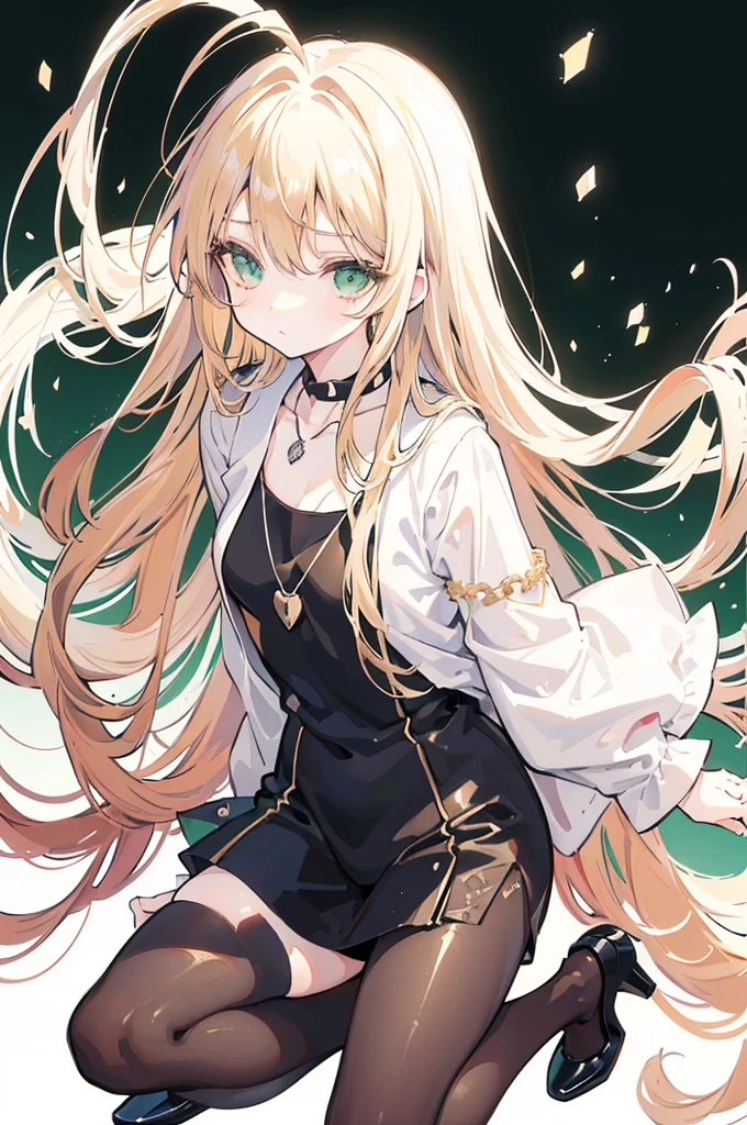 {{masterpiece}}, The best quality of life, 、Long, ochre-colored hair down to the waist、Anime Girls with brown long hair, Cute girl anime visuals,(Black Bunny Suit,Black pumps), Anime full body illustration, Anime Moe Art Style, Anime characters, (Anime Girls)、(Green Eyes）、Expressionless woman、Small Necklace、((White background))