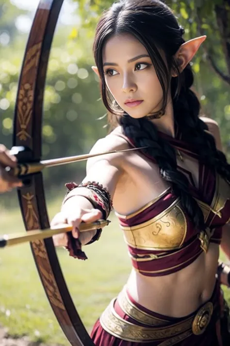 an elven woman aiming at her prey with a bow and arrow